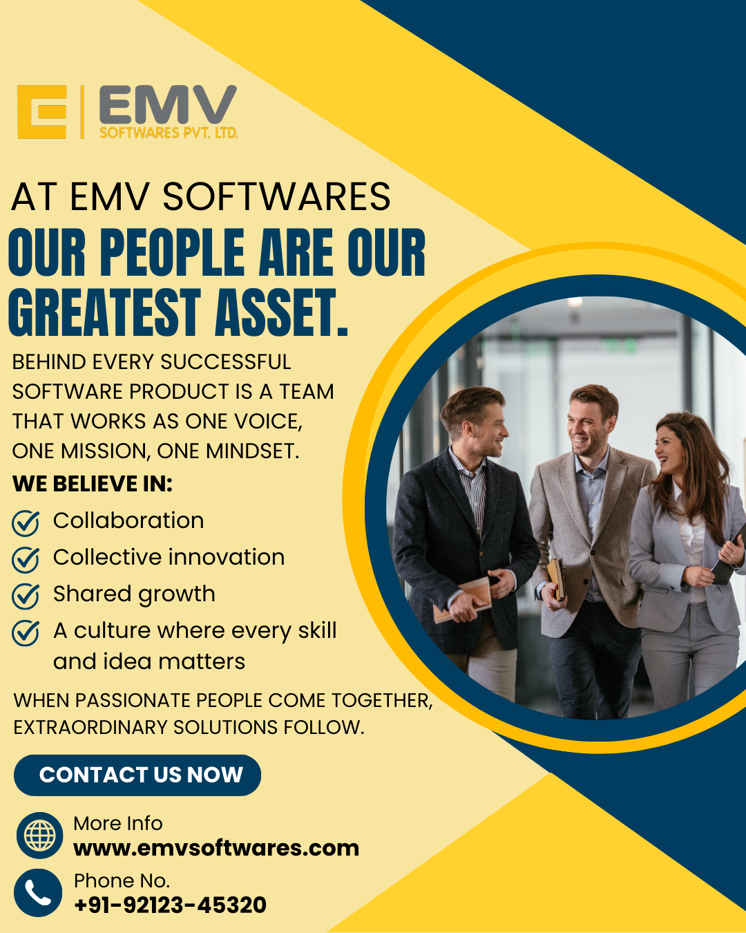 Illustration of a diverse team collaborating around a desk, symbolising the "one team, one voice" philosophy mentioned in EMV Software's company profile.